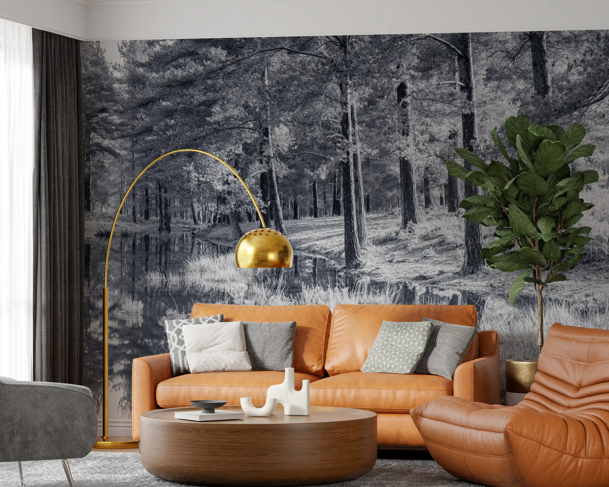 Monochrome Pine Forest Reflection Wall Mural