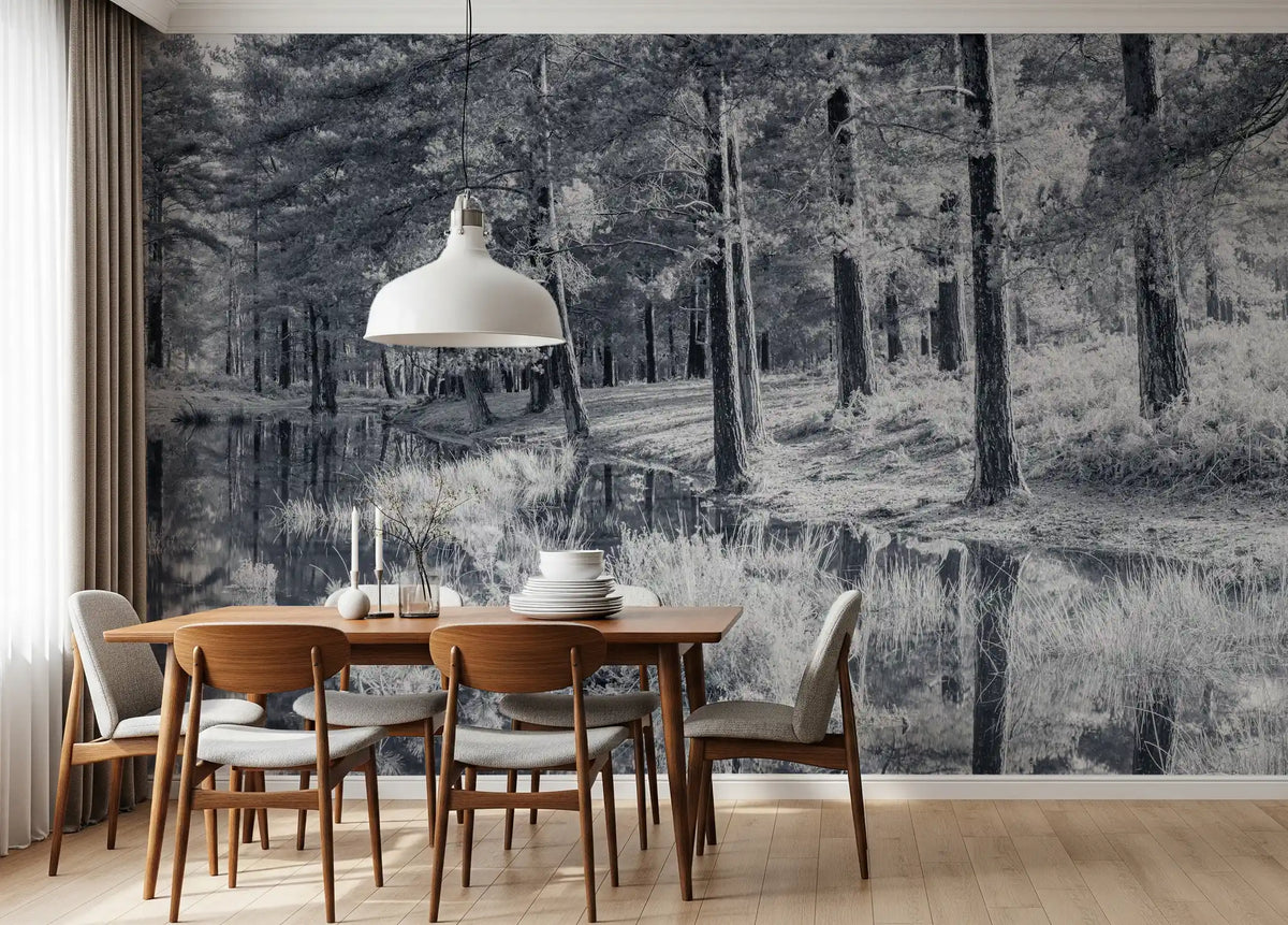 Monochrome Pine Forest Reflection Wall Mural