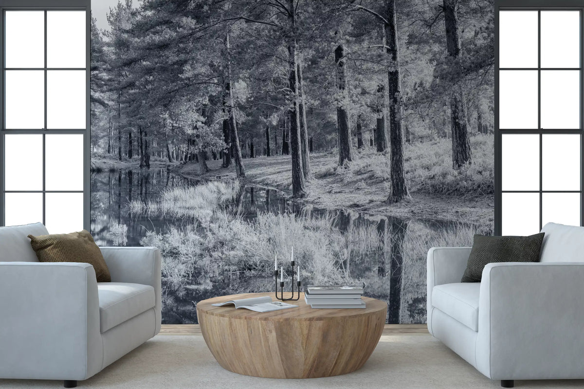 Monochrome Pine Forest Reflection Wall Mural
