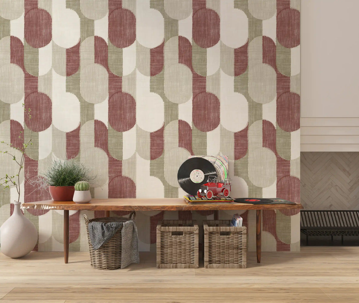 Mid Century Textured Hand Painted Geometries Rustic Farmhouse Earthy Tones Wallpaper⁠
