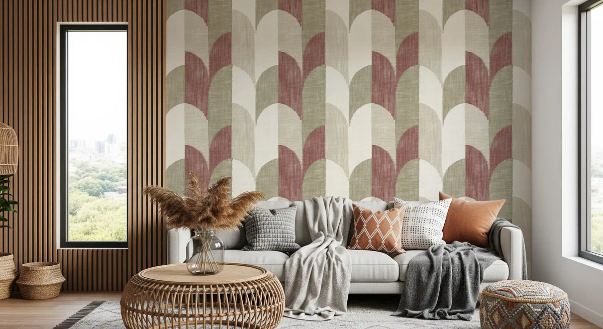 Mid Mod Textured Hand Painted Geometries Rustic Farmhouse Earthy Tones Wallpaper⁠