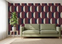 Mid Century Oval Wallpaper Burgundy Navy Wallpaper⁠