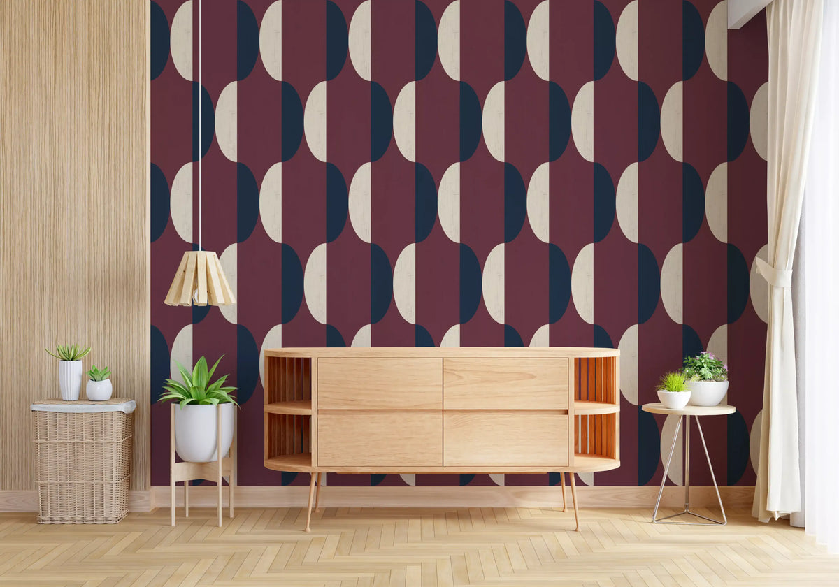 Mid Century Oval Wallpaper Burgundy Navy Wallpaper⁠