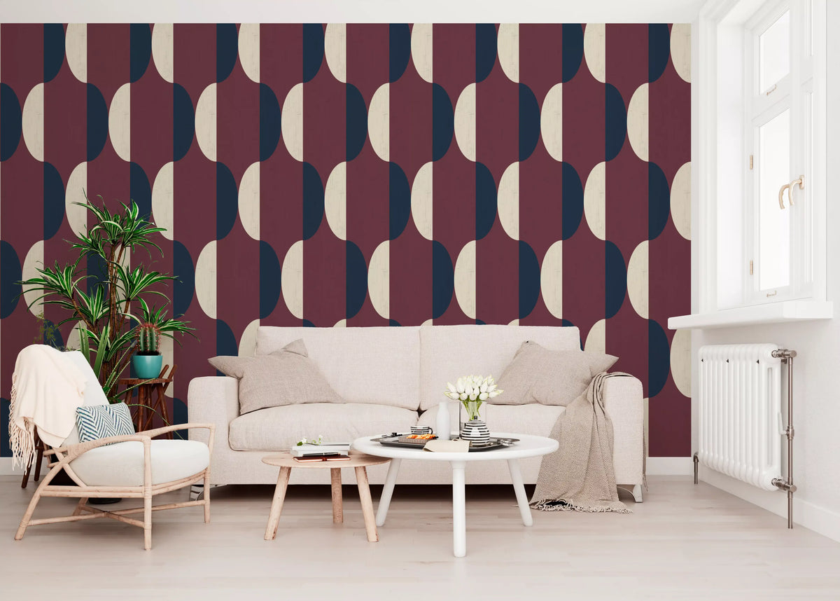 Mid Century Oval Wallpaper Burgundy Navy Wallpaper⁠