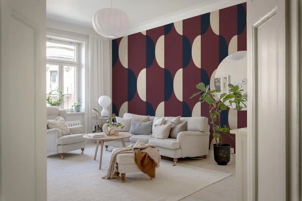 Mid Century Oval Wallpaper Burgundy Navy Wallpaper⁠