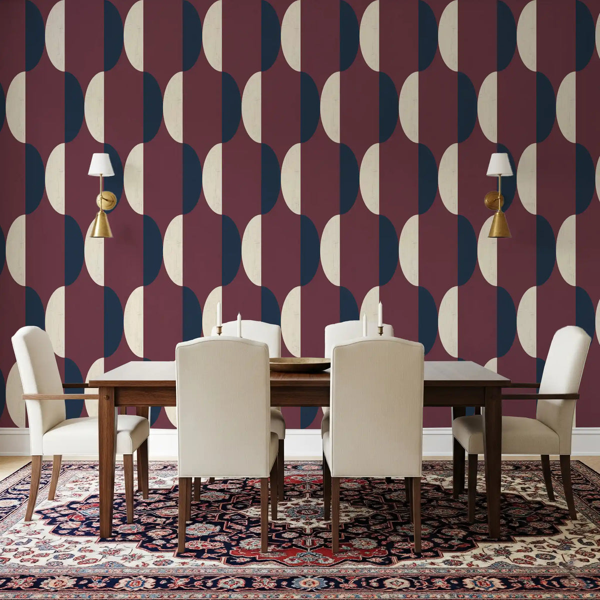 Mid Century Oval Wallpaper Burgundy Navy Wallpaper⁠