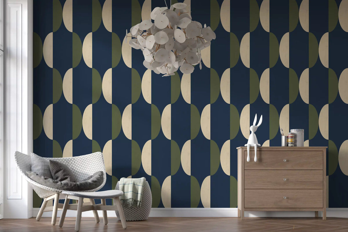 Mid Century Oval Wallpaper Navy Olive Wallpaper⁠