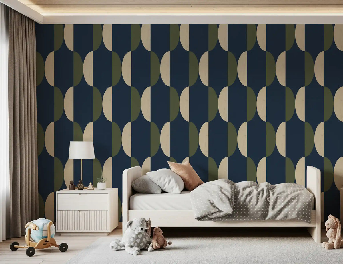 Mid Century Oval Wallpaper Navy Olive Wallpaper⁠