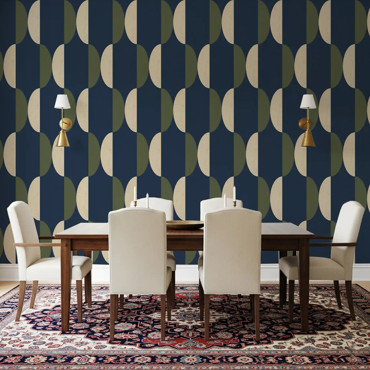 Mid Century Oval Wallpaper Navy Olive Wallpaper⁠