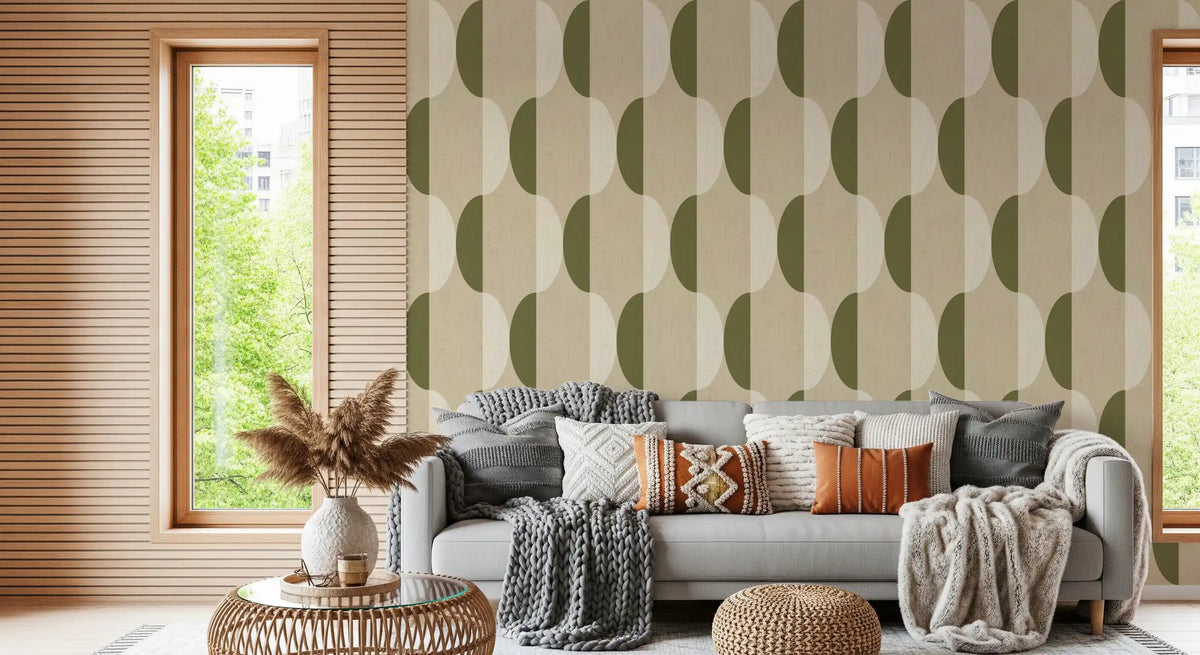 Mid Century Oval Wallpaper Cream Olive Wallpaper⁠