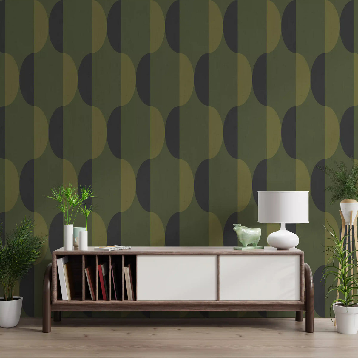 Mid Century Oval Wallpaper Olive Moss Wallpaper⁠