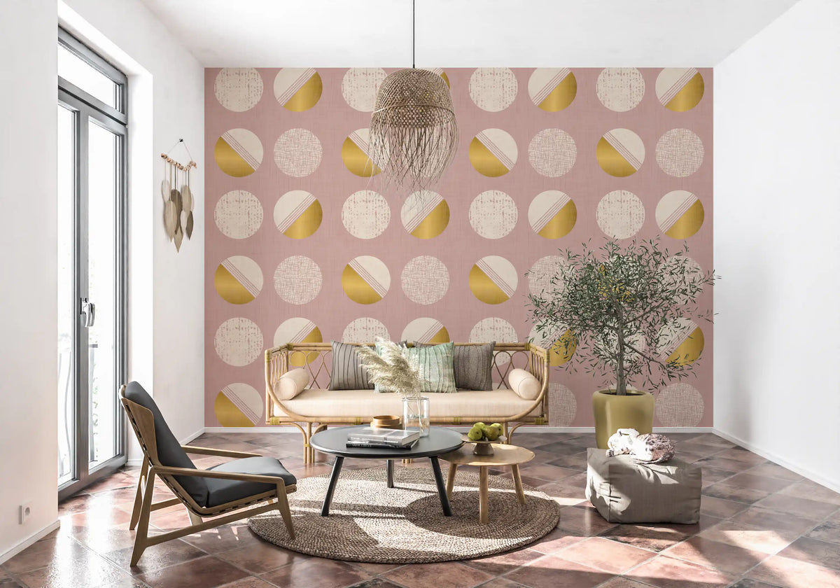 Blush Pink Mustard Circles Wallpaper Mid Century Wallpaper⁠