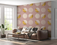 Blush Pink Mustard Circles Wallpaper Mid Century Wallpaper⁠