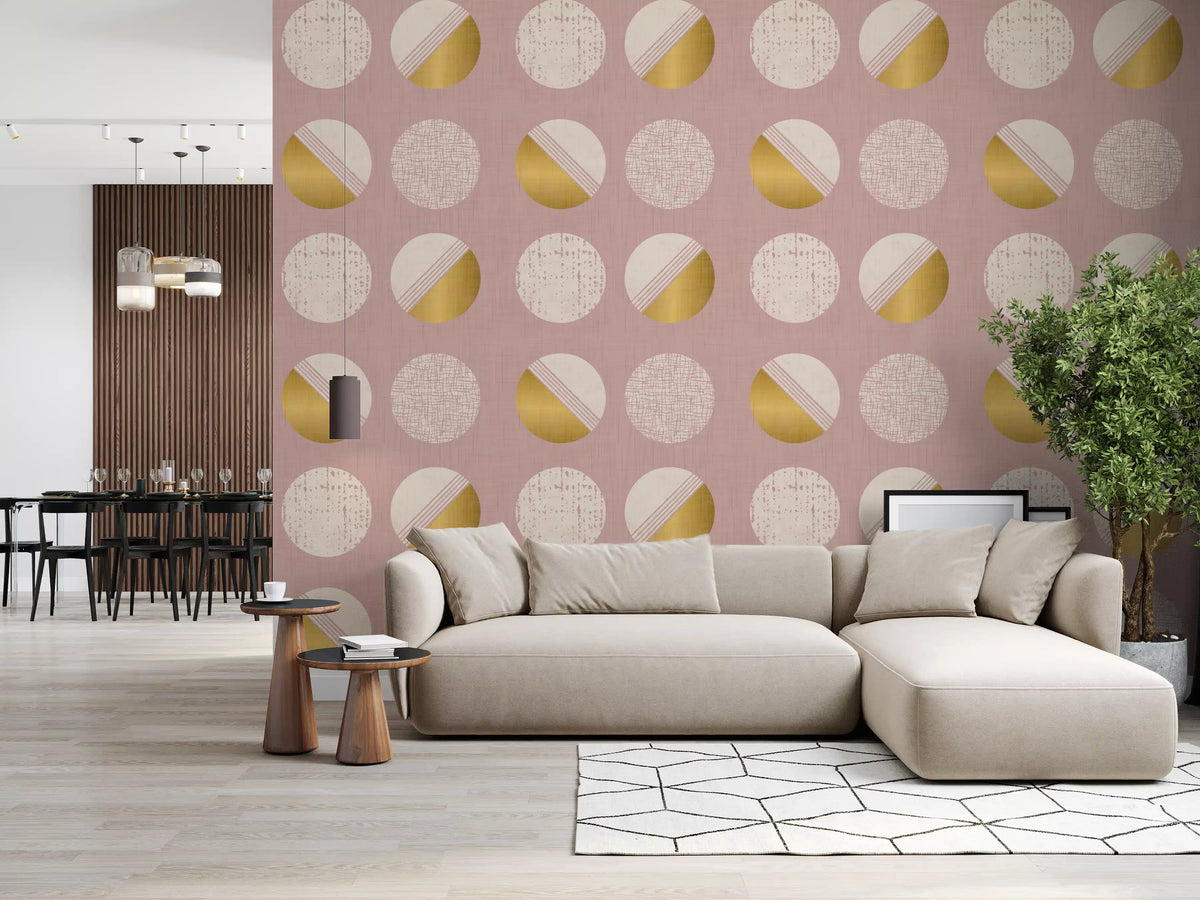 Blush Pink Mustard Circles Wallpaper Mid Century Wallpaper⁠