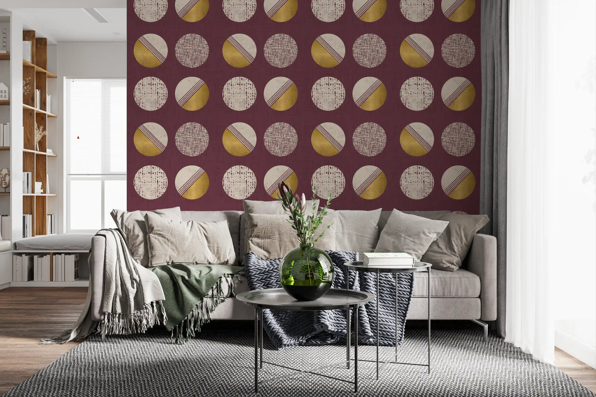 Burgundy Mustard Circles Wallpaper Mid Century Wallpaper⁠