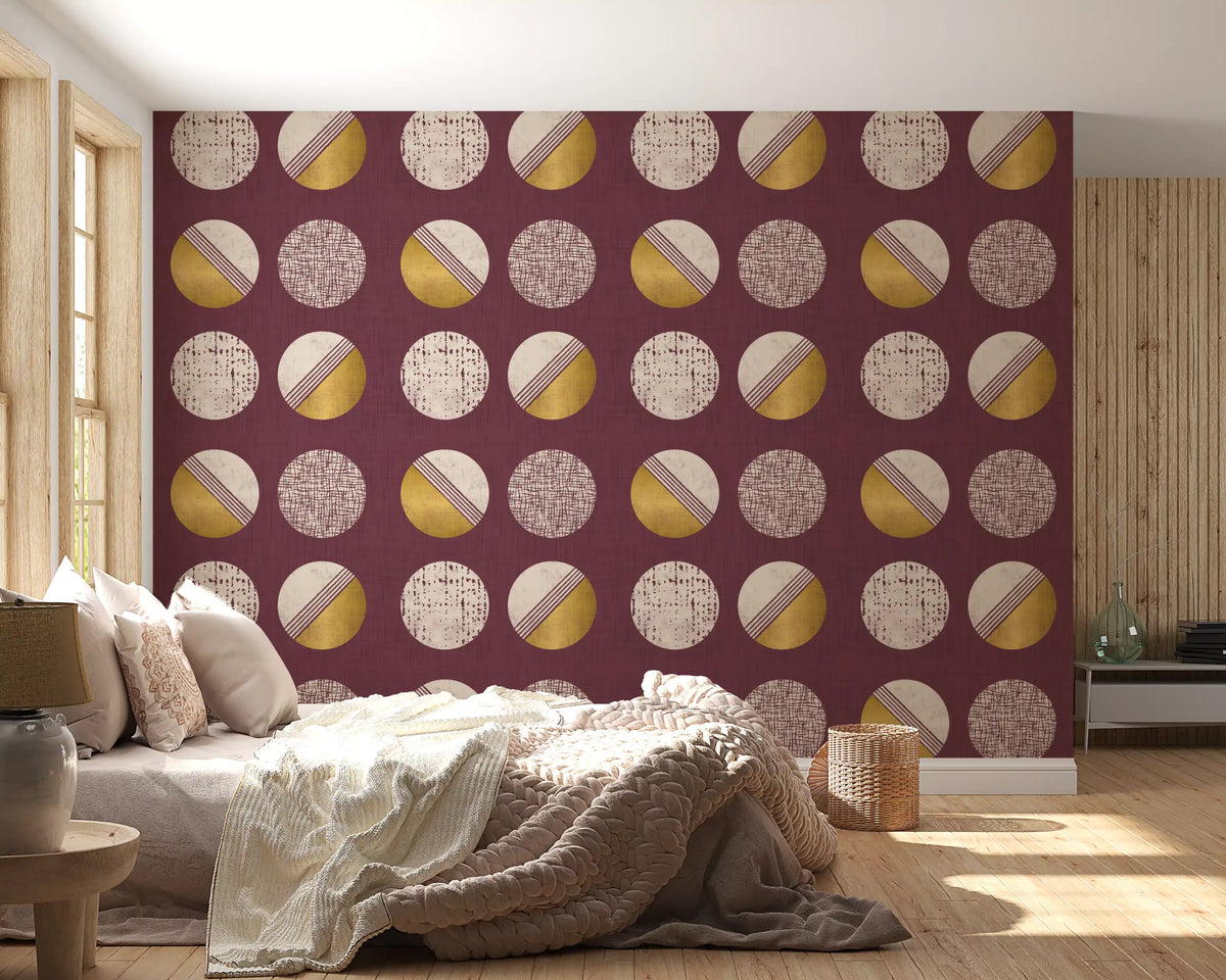 Burgundy Mustard Circles Wallpaper Mid Century Wallpaper⁠