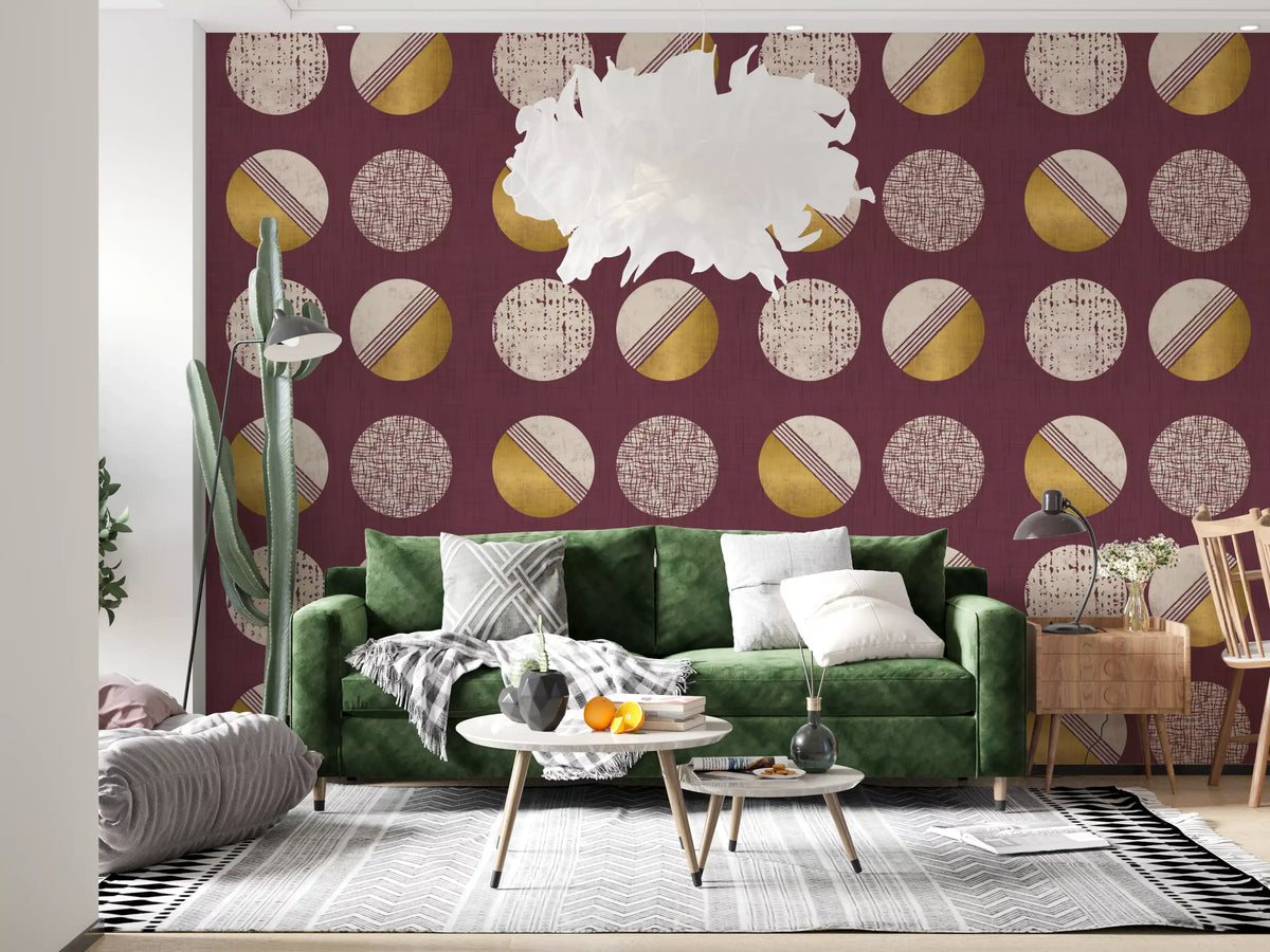 Burgundy Mustard Circles Wallpaper Mid Century Wallpaper⁠