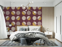 Burgundy Mustard Circles Wallpaper Mid Century Wallpaper⁠