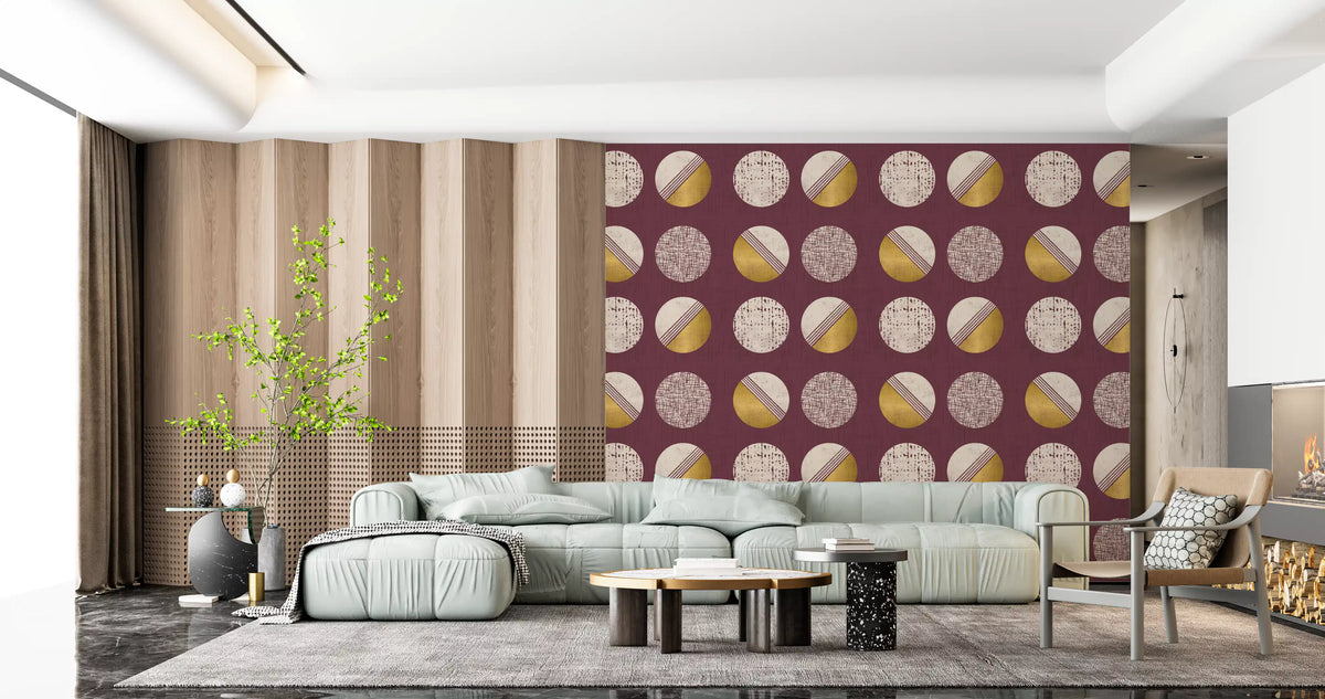 Burgundy Mustard Circles Wallpaper Mid Century Wallpaper⁠