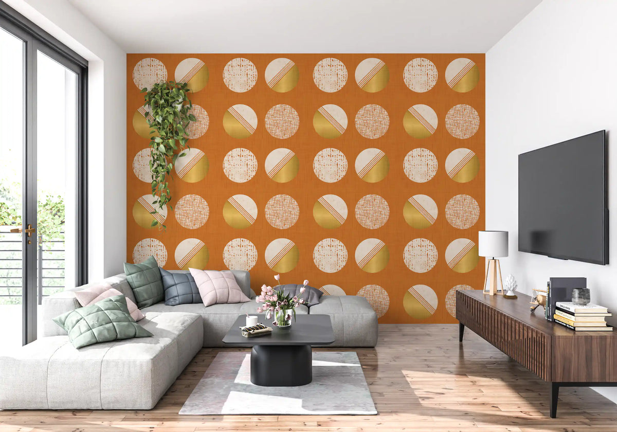 Burnt Orange Mustard Circles Wallpaper Mid Century Wallpaper⁠