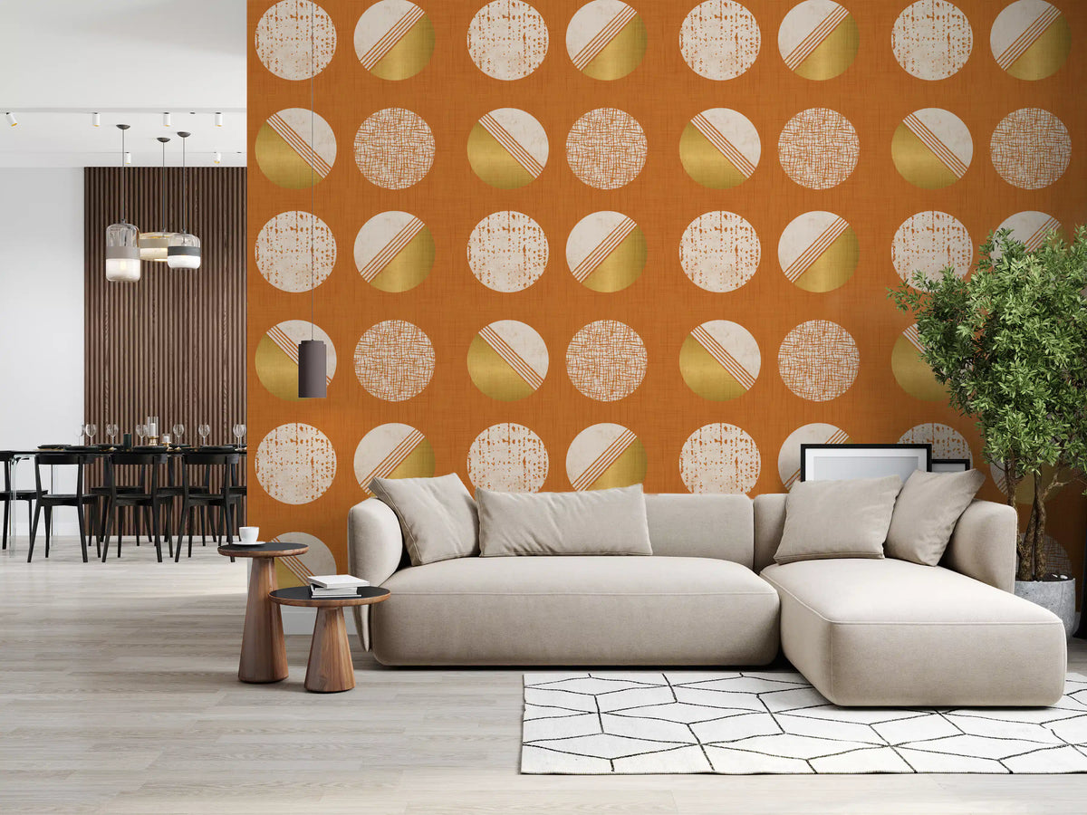 Burnt Orange Mustard Circles Wallpaper Mid Century Wallpaper⁠