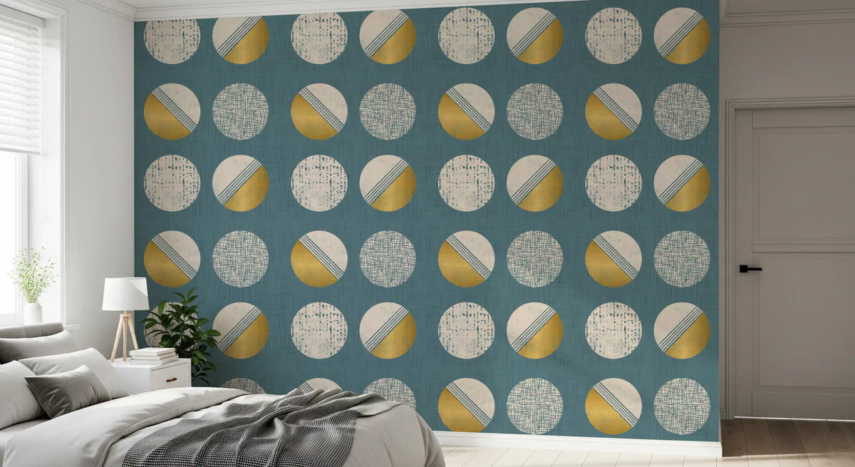 Dusty Teal Mustard Circles Wallpaper Mid Century Wallpaper⁠