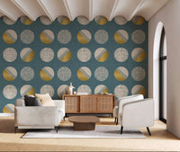 Dusty Teal Mustard Circles Wallpaper Mid Century Wallpaper⁠