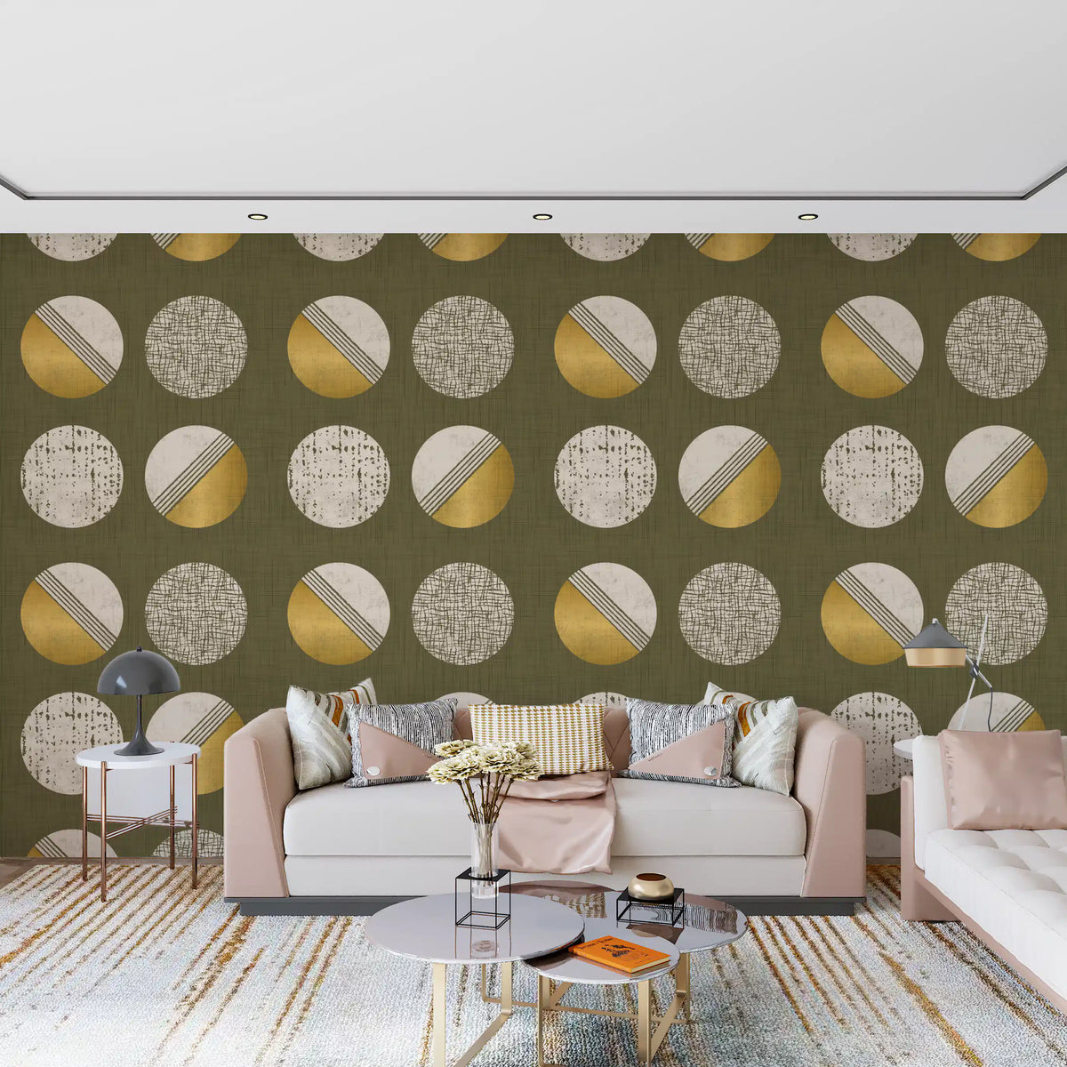Olive Green Mustard Circles Wallpaper Mid Century Wallpaper⁠