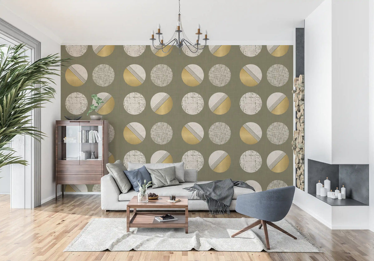 Olive Green Mustard Circles Wallpaper Mid Century Wallpaper⁠