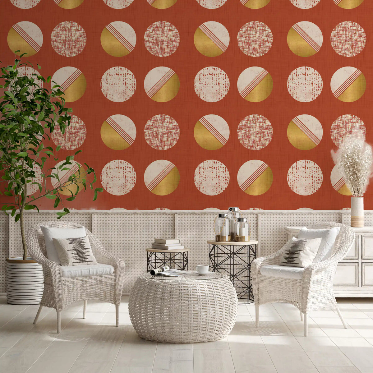 Rust Red Mustard Circles Wallpaper Mid Century Wallpaper⁠