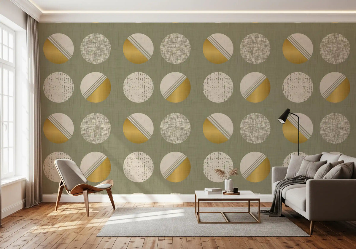 Sage Green Mustard Circles Wallpaper Mid Century Wallpaper⁠