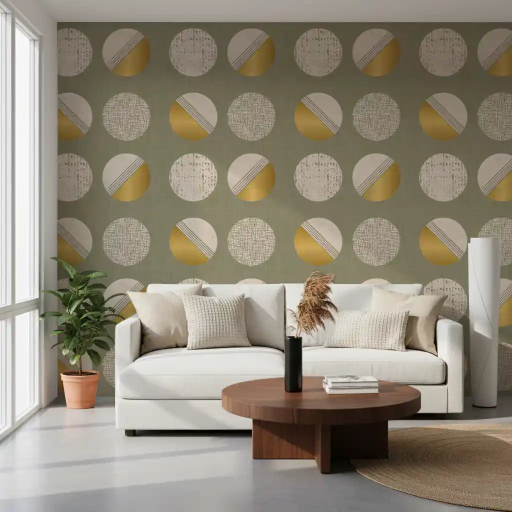 Sage Green Mustard Circles Wallpaper Mid Century Wallpaper⁠