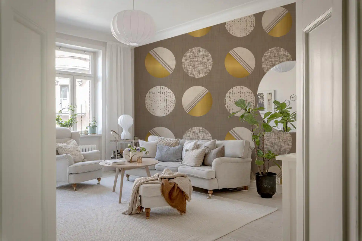 Warm Taupe Mustard Circles Wallpaper Mid Century Wallpaper⁠