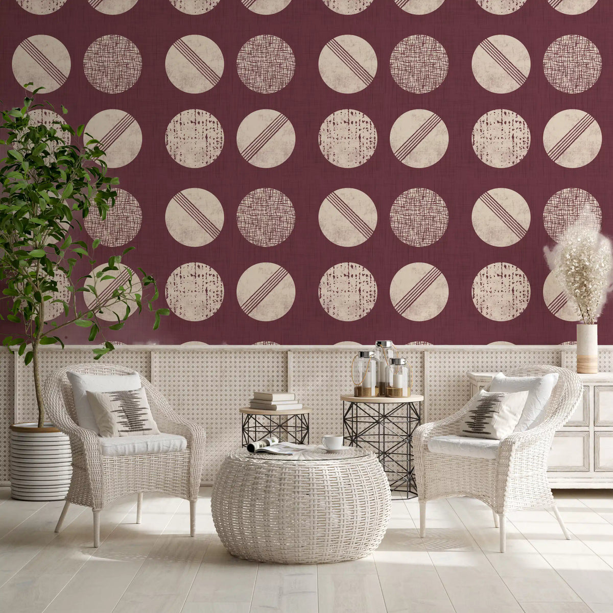 Burgundy Cream Circles Wallpaper Mid Century Wallpaper⁠
