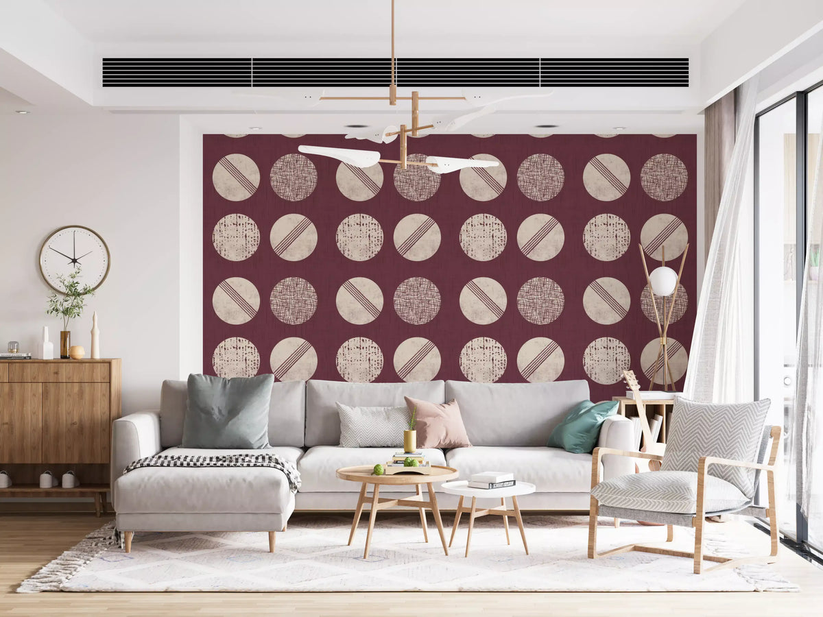 Burgundy Cream Circles Wallpaper Mid Century Wallpaper⁠