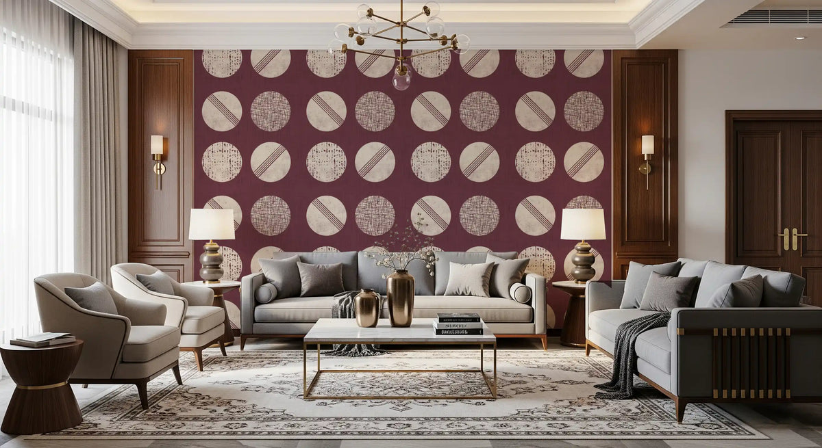 Burgundy Cream Circles Wallpaper Mid Century Wallpaper⁠