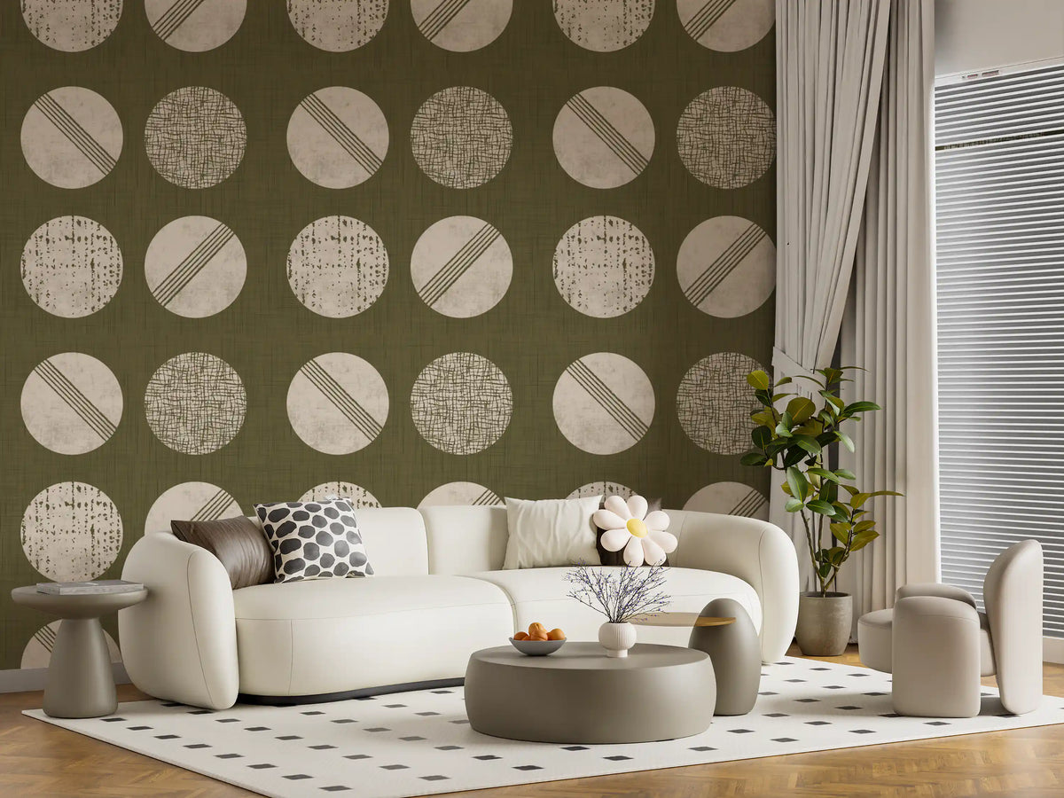 Olive Green Cream Circles Wallpaper Mid Century Wallpaper⁠