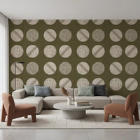 Olive Green Cream Circles Wallpaper Mid Century Wallpaper⁠