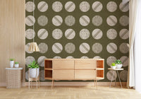 Olive Green Cream Circles Wallpaper Mid Century Wallpaper⁠