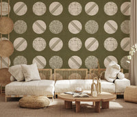 Olive Green Cream Circles Wallpaper Mid Century Wallpaper⁠