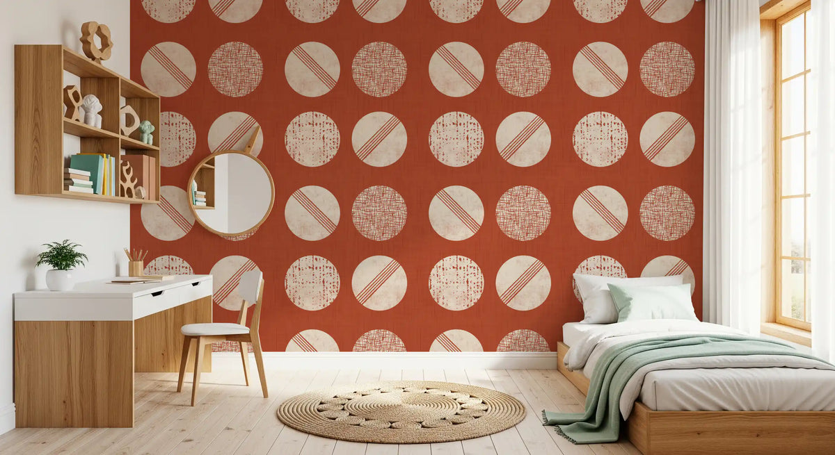 Rust Red Cream Circles Wallpaper Mid Century Wallpaper⁠