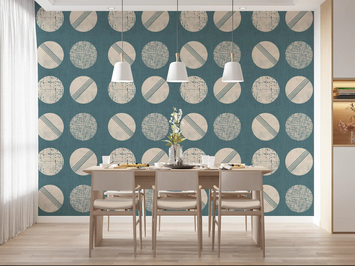 Dusty Teal Cream Circles Wallpaper Mid Century Wallpaper⁠
