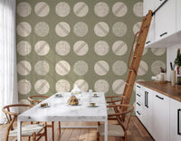 Sage Green Cream Circles Wallpaper Mid Century Wallpaper⁠