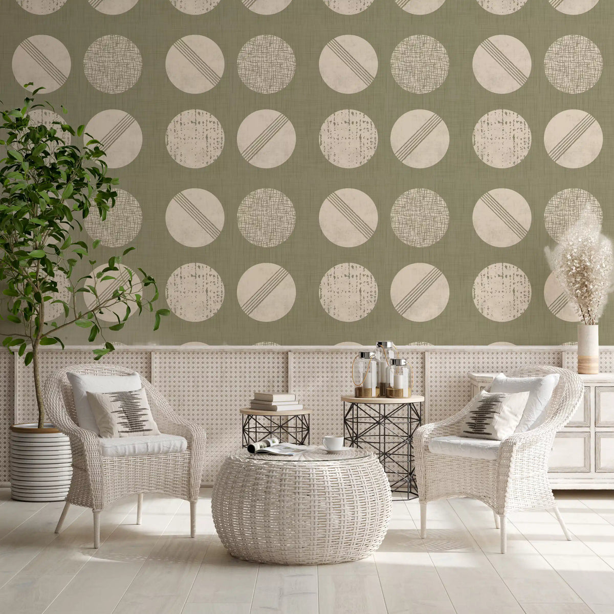Sage Green Cream Circles Wallpaper Mid Century Wallpaper⁠