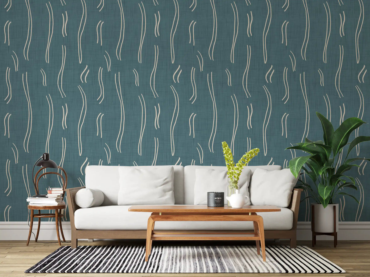 Dusty Teal Wavy Stripe Wallpaper Mid Century Wallpaper⁠