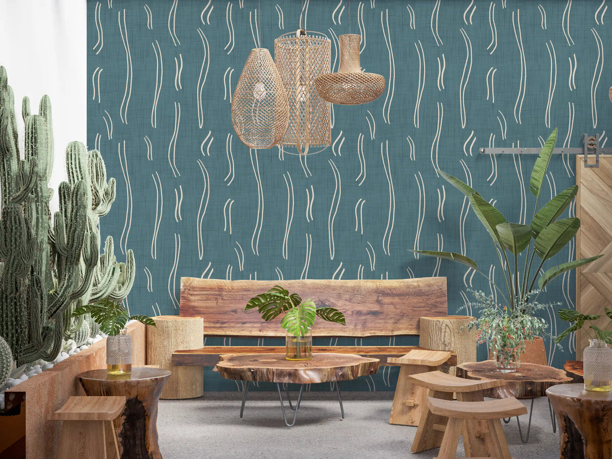 Dusty Teal Wavy Stripe Wallpaper Mid Century Wallpaper⁠