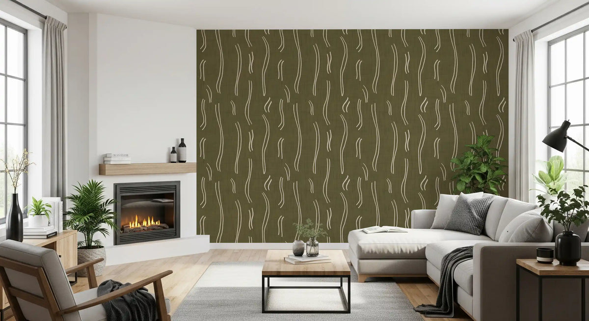 Olive Green Wavy Stripe Wallpaper Mid Century Wallpaper⁠