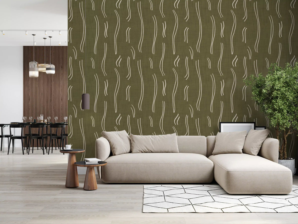 Olive Green Wavy Stripe Wallpaper Mid Century Wallpaper⁠