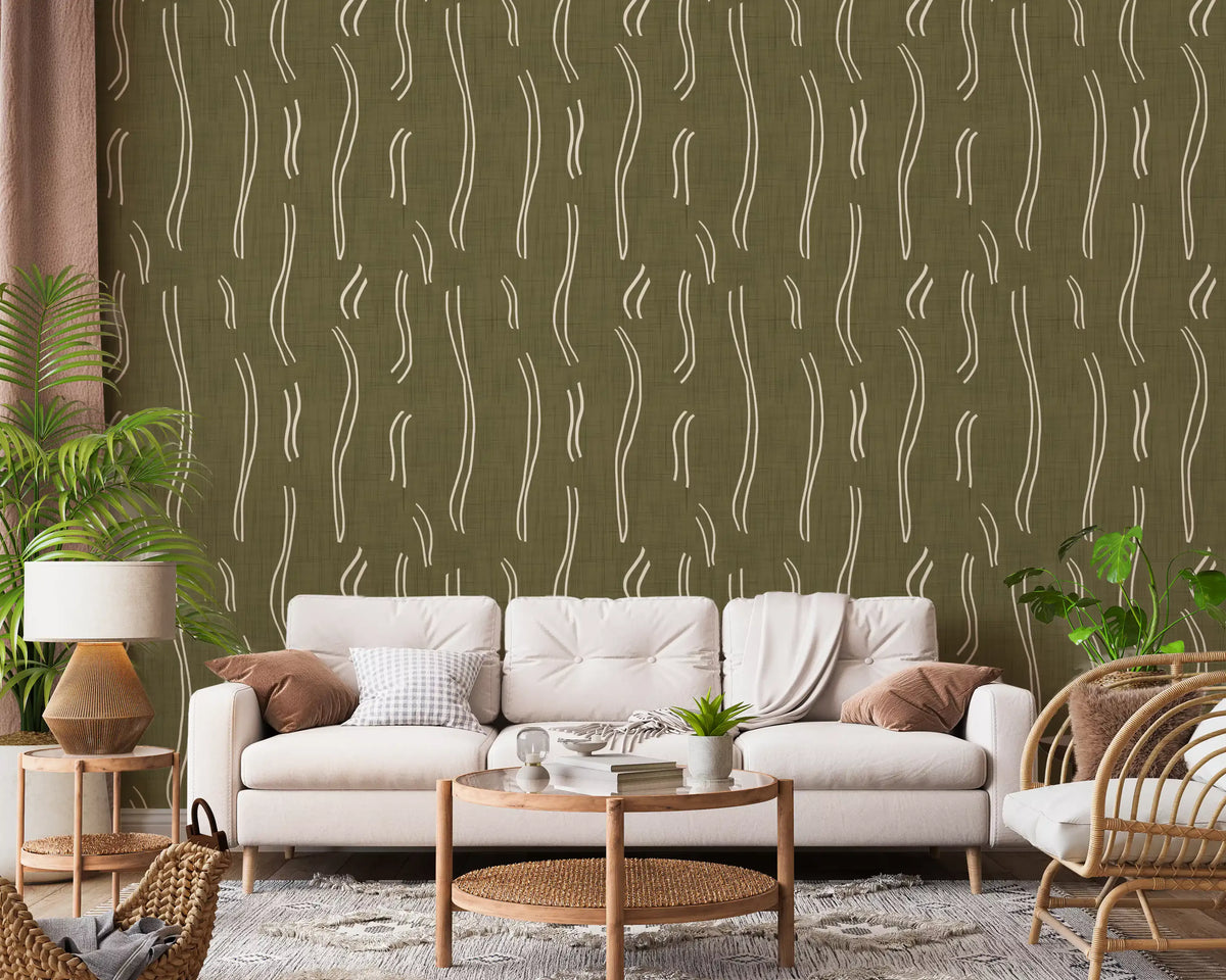 Olive Green Wavy Stripe Wallpaper Mid Century Wallpaper⁠