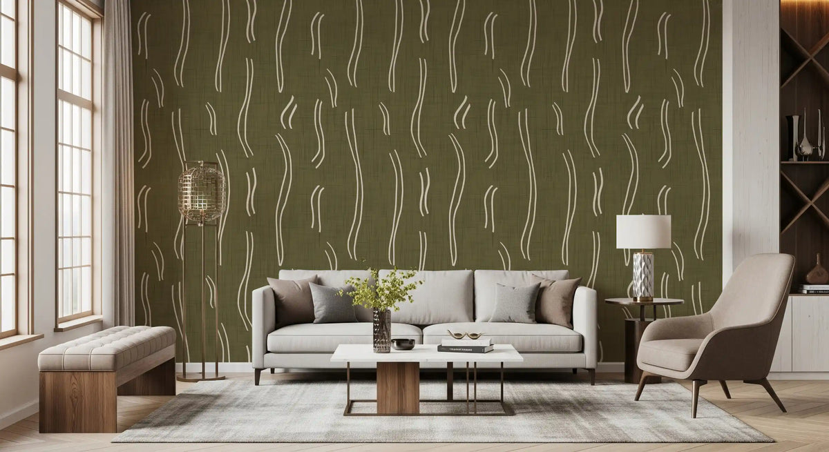 Olive Green Wavy Stripe Wallpaper Mid Century Wallpaper⁠